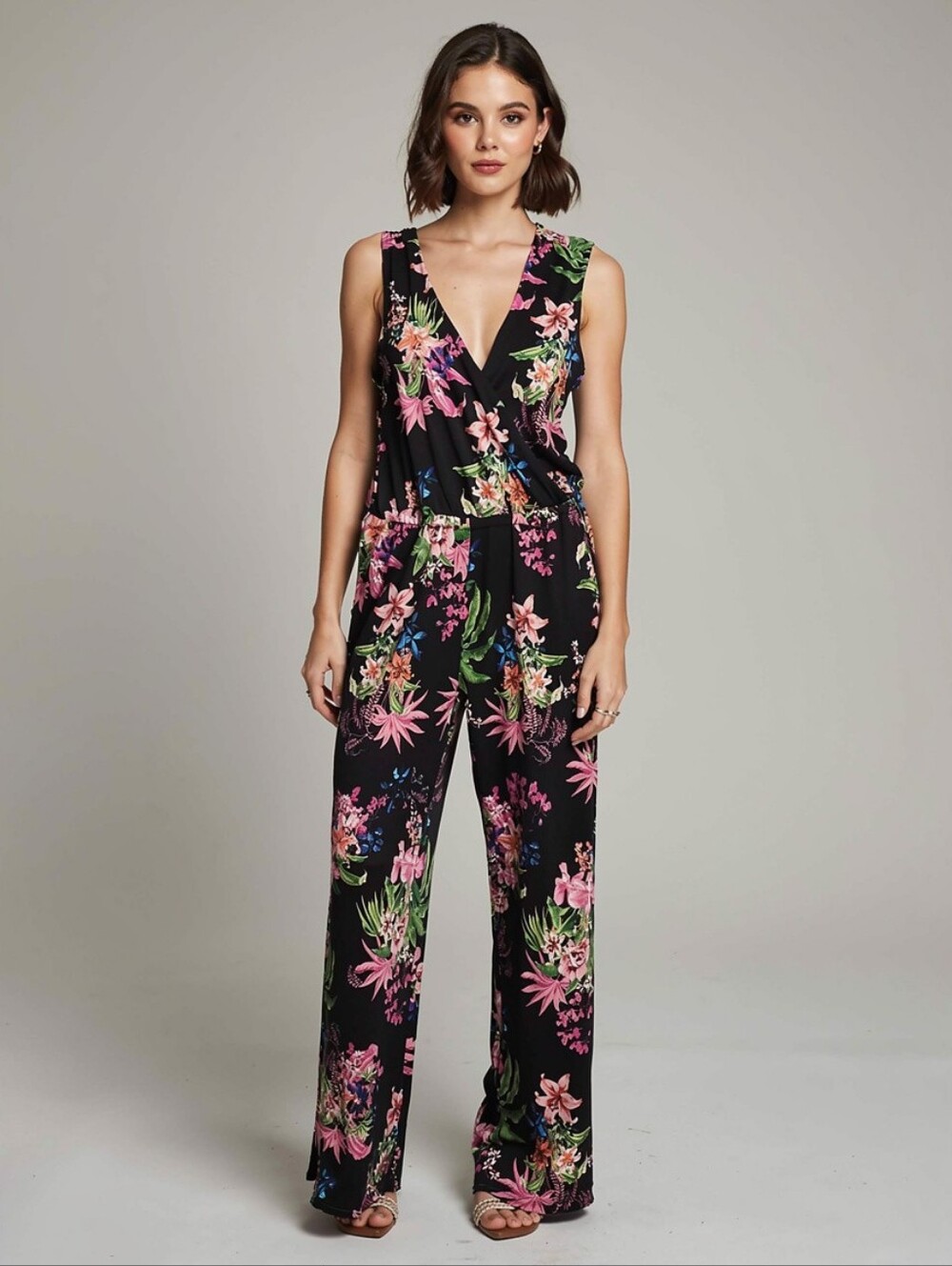 INC International Concepts Black Floral Surplice Wide-Leg Jumpsuit